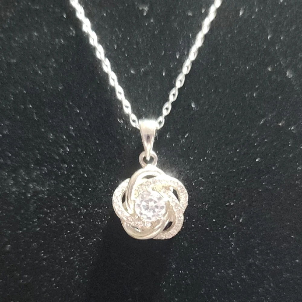 Sterling Silver Floral Pendant Necklace with Crystal Accents - Picture 4 of 7